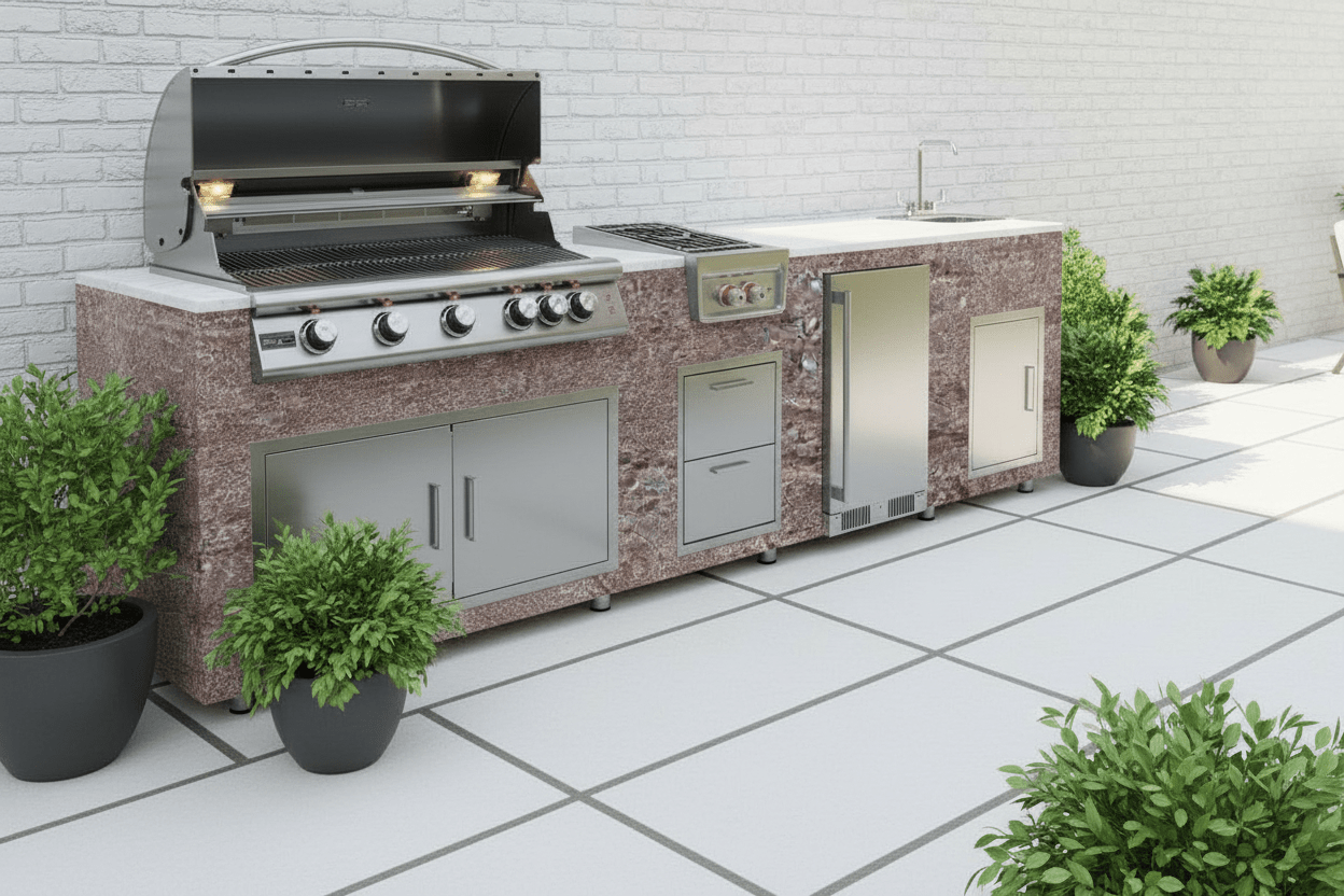 94.5 inch Real Stone Outdoor Kitchen Island With Trueflame Appliances - Sunzout Outdoor Spaces LLC