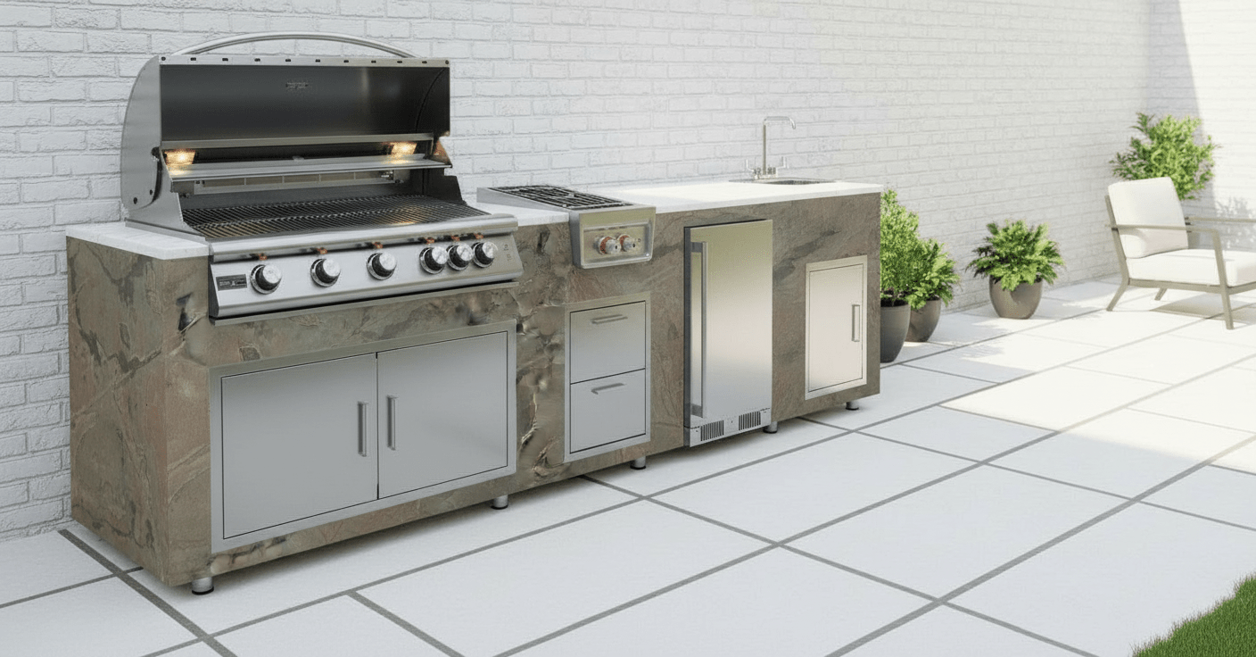 94.5 inch Real Stone Outdoor Kitchen Island With Trueflame Appliances - Sunzout Outdoor Spaces LLC