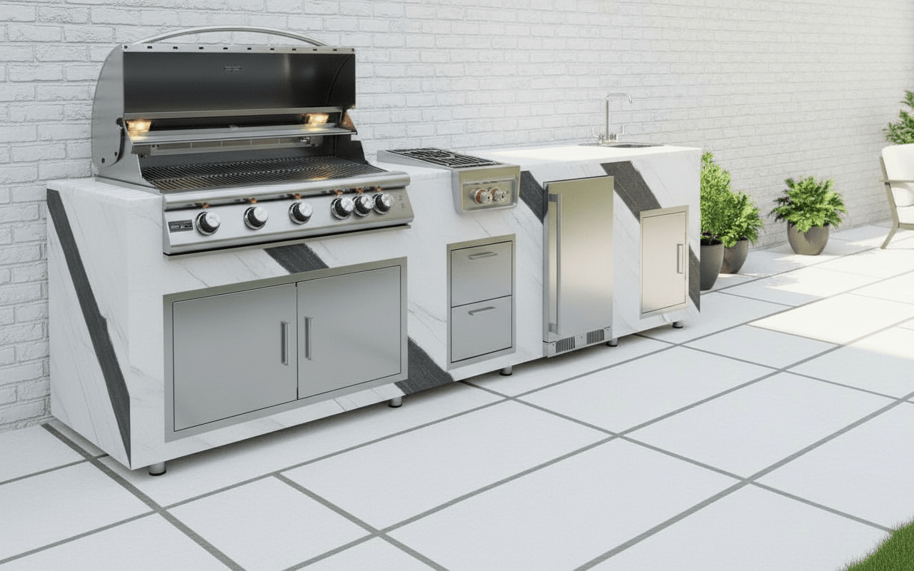 94.5 inch Real Stone Outdoor Kitchen Island With Trueflame Appliances - Sunzout Outdoor Spaces LLC