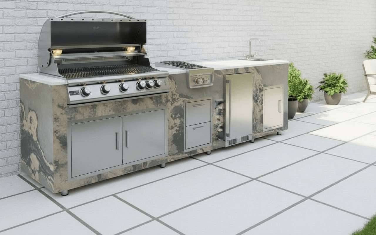 94.5 inch Real Stone Outdoor Kitchen Island With Trueflame Appliances - Sunzout Outdoor Spaces LLC