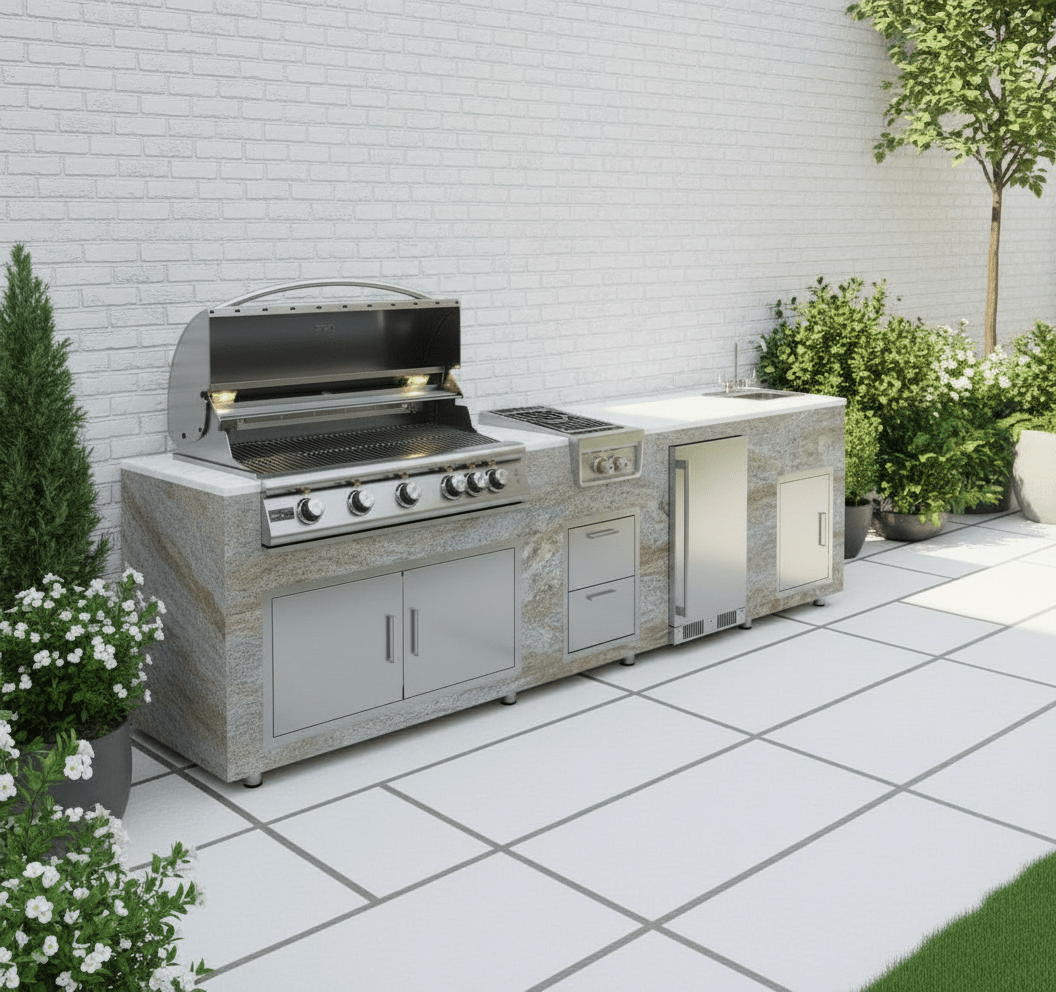 94.5 inch Real Stone Outdoor Kitchen Island With Trueflame Appliances - Sunzout Outdoor Spaces LLC