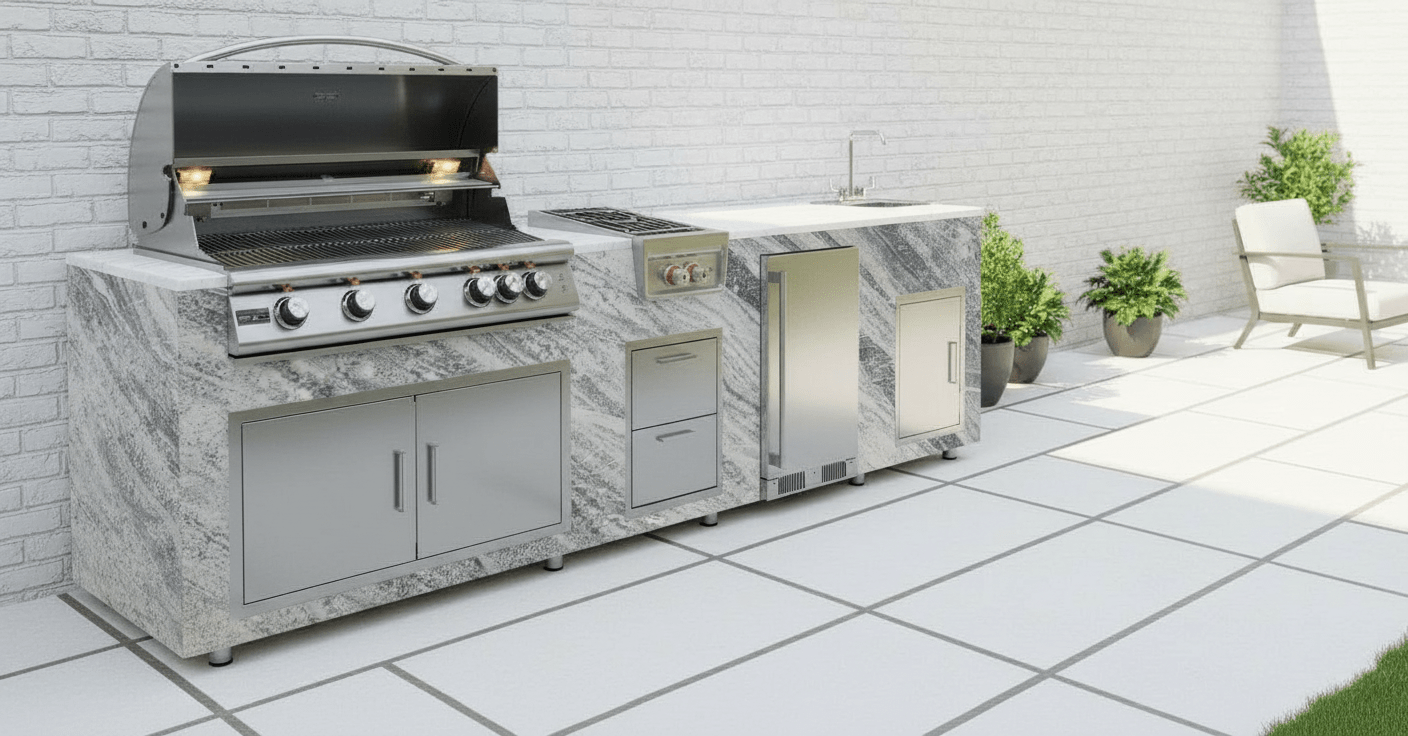 94.5 inch Real Stone Outdoor Kitchen Island With Trueflame Appliances - Sunzout Outdoor Spaces LLC