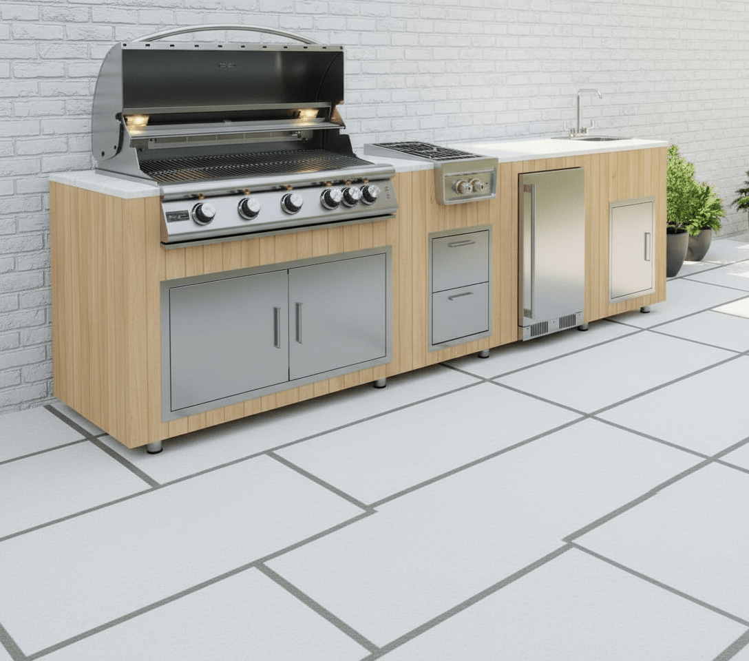 94.5 inch Real Stone Outdoor Kitchen Island With Trueflame Appliances - Sunzout Outdoor Spaces LLC