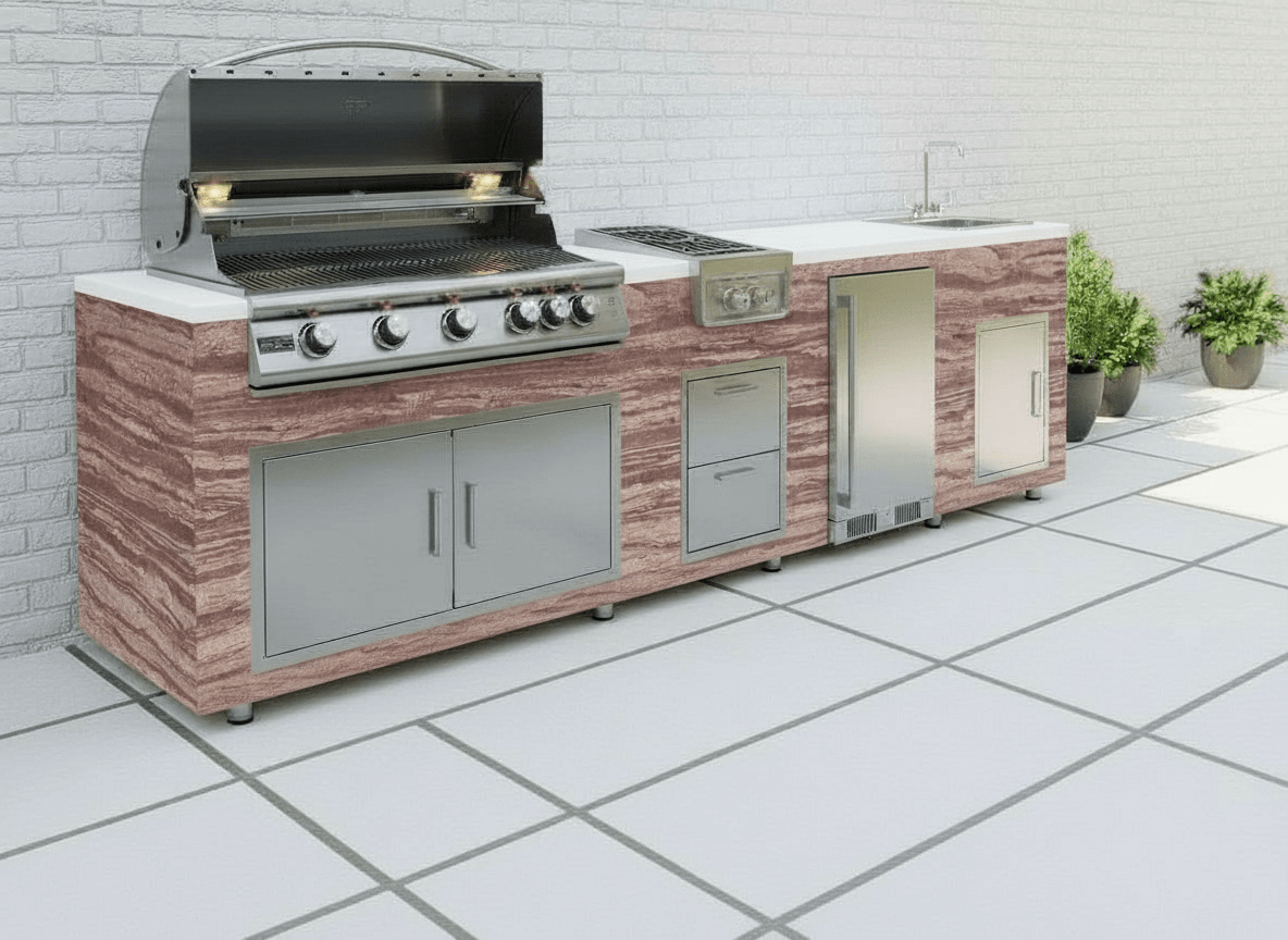 94.5 inch Real Stone Outdoor Kitchen Island With Trueflame Appliances - Sunzout Outdoor Spaces LLC