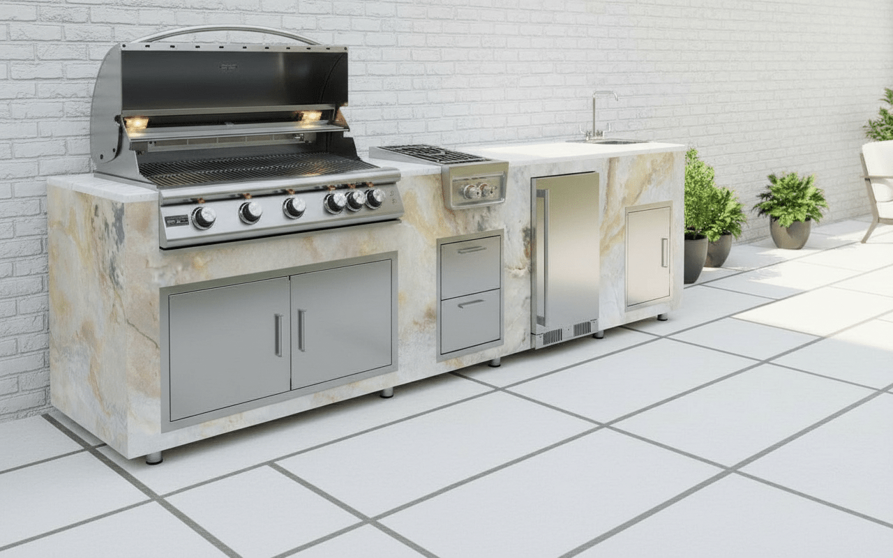 94.5 inch Real Stone Outdoor Kitchen Island With Trueflame Appliances - Sunzout Outdoor Spaces LLC