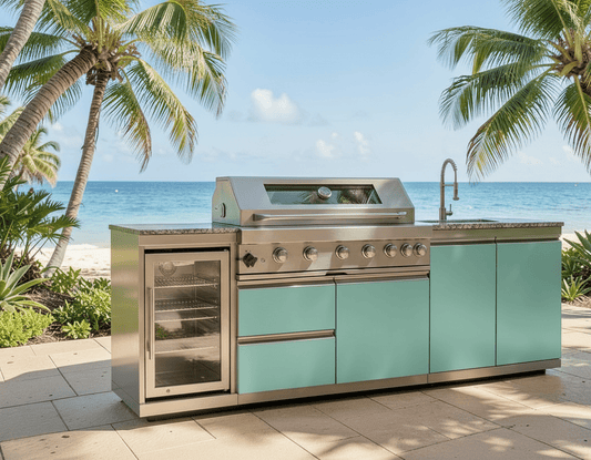96 in. Sunzout Coastal Vibes Collection Modular Outdoor Kitchen with 43 inch grill, sink and refrigerator - Sunzout Outdoor Spaces LLC
