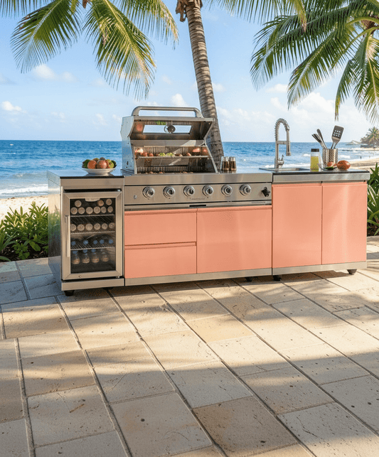 99.5 in. Sunzout Coastal Vibes collection 304 Stainless Steel Modular Outdoor Kitchen with 32 in. Grill, Side Burner, Refrigerator and Sink - Sunzout Outdoor Spaces LLC