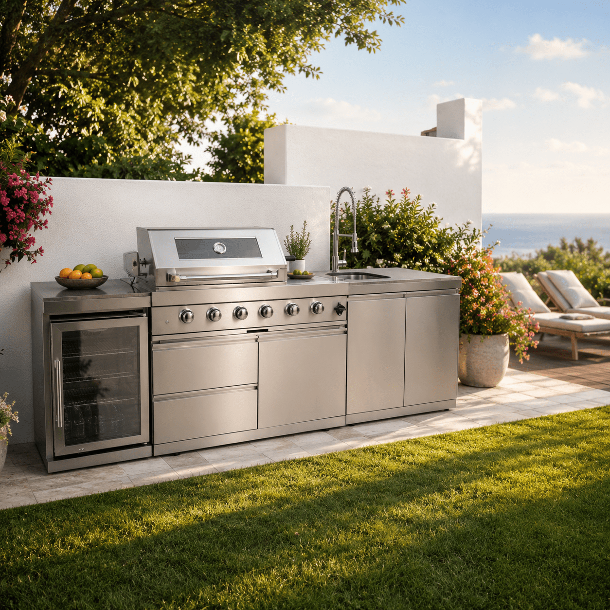 99.5 in. Sunzout Modular Outdoor Kitchen Island with a 32 Inch Grill and Sideburner, Refrigerator and Sink - Sunzout Outdoor Spaces LLC