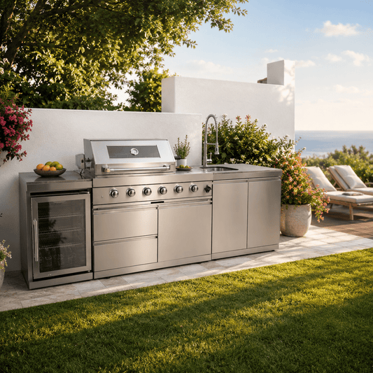 99.5 in. Sunzout Modular Outdoor Kitchen Island with a 32 Inch Grill and Sideburner, Refrigerator and Sink - Sunzout Outdoor Spaces LLC