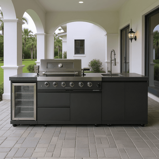 99.5" Black 304 Stainless Steel Outdoor Kitchen with 32" Grill, Sideburner, Refrigerator & Sink