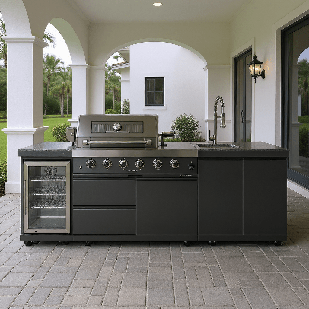 99.5 inch Sunzout Black 304 Stainless Steel Outdoor Kitchen with 32 inch grill, Sideburner, Refrigerator and Sink - Sunzout Outdoor Spaces LLC