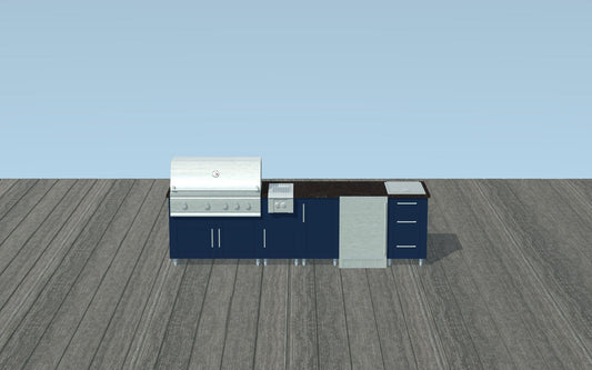 9ft.11in. WeatherStrong Outdoor Kitchen Island Ready For Grill, Side Burner, Trash, Refrigerator, Ice Chest and 3 Drawer Cabinet - Sunzout Outdoor Spaces LLC