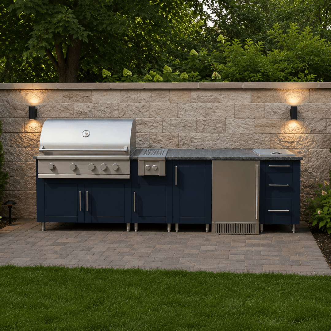 9ft.11in. WeatherStrong Outdoor Kitchen Island Ready For Grill, Side Burner, Trash, Refrigerator, Ice Chest and 3 Drawer Cabinet - Sunzout Outdoor Spaces LLC