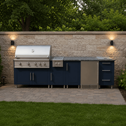 9ft.11in. WeatherStrong Outdoor Kitchen Island Ready For Grill, Side Burner, Trash, Refrigerator, Ice Chest and 3 Drawer Cabinet - Sunzout Outdoor Spaces LLC