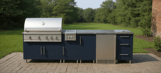 9ft.11in. WeatherStrong Outdoor Kitchen Island Ready For Grill, Side Burner, Trash, Refrigerator, Ice Chest and 3 Drawer Cabinet - Sunzout Outdoor Spaces LLC