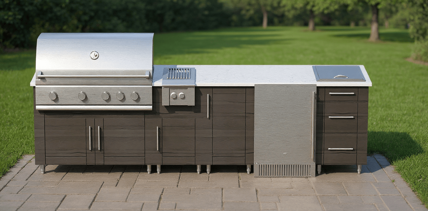 9ft.11in. WeatherStrong Outdoor Kitchen Island Ready For Grill, Side Burner, Trash, Refrigerator, Ice Chest and 3 Drawer Cabinet - Sunzout Outdoor Spaces LLC