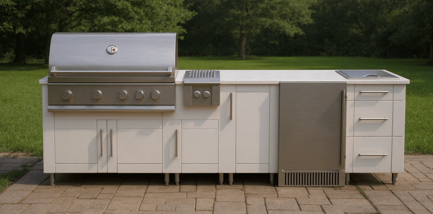 9ft.11in. WeatherStrong Outdoor Kitchen Island Ready For Grill, Side Burner, Trash, Refrigerator, Ice Chest and 3 Drawer Cabinet - Sunzout Outdoor Spaces LLC