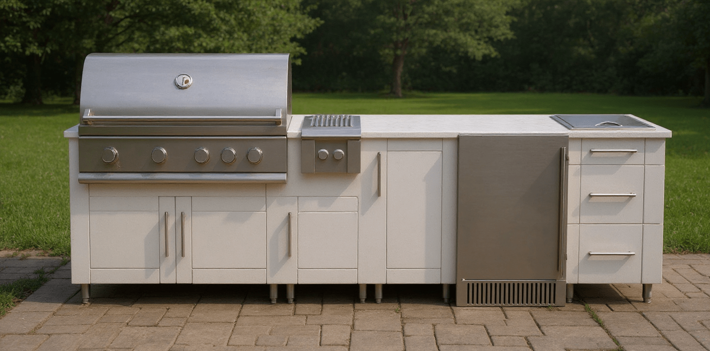 9ft.11in. WeatherStrong Outdoor Kitchen Island Ready For Grill, Side Burner, Trash, Refrigerator, Ice Chest and 3 Drawer Cabinet - Sunzout Outdoor Spaces LLC