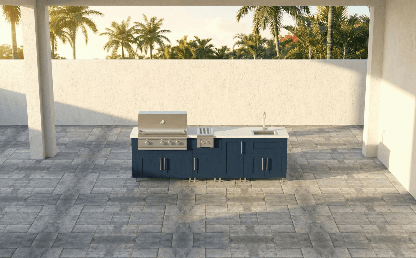 9ft.1in. WeatherStrong Outdoor Kitchen Island Ready For Griill, Side Burner and Sink - Sunzout Outdoor Spaces LLC