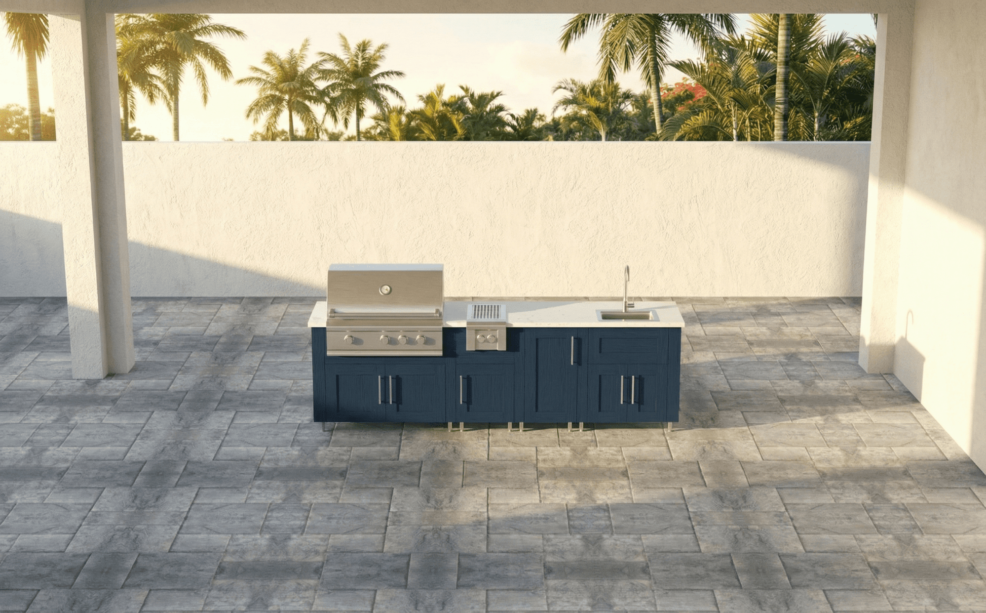 9ft.1in. WeatherStrong Outdoor Kitchen Island Ready For Griill, Side Burner and Sink - Sunzout Outdoor Spaces LLC