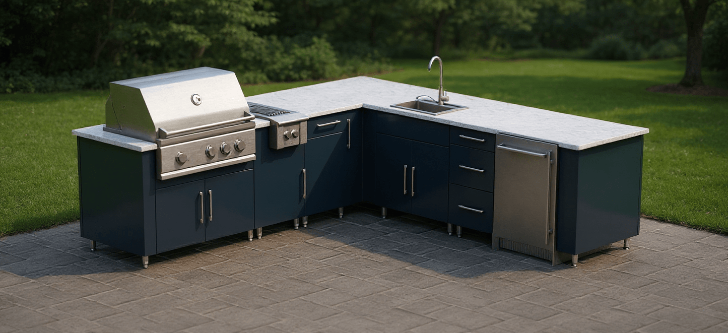 9ft.3in. x 9ft.1in. L - Shape WeatherStong Outdoor Kitchen Ready For Grill, Side Burner, Refrigerator, Sink, Trash, and 3 Drawer Cabinet - Sunzout Outdoor Spaces LLC
