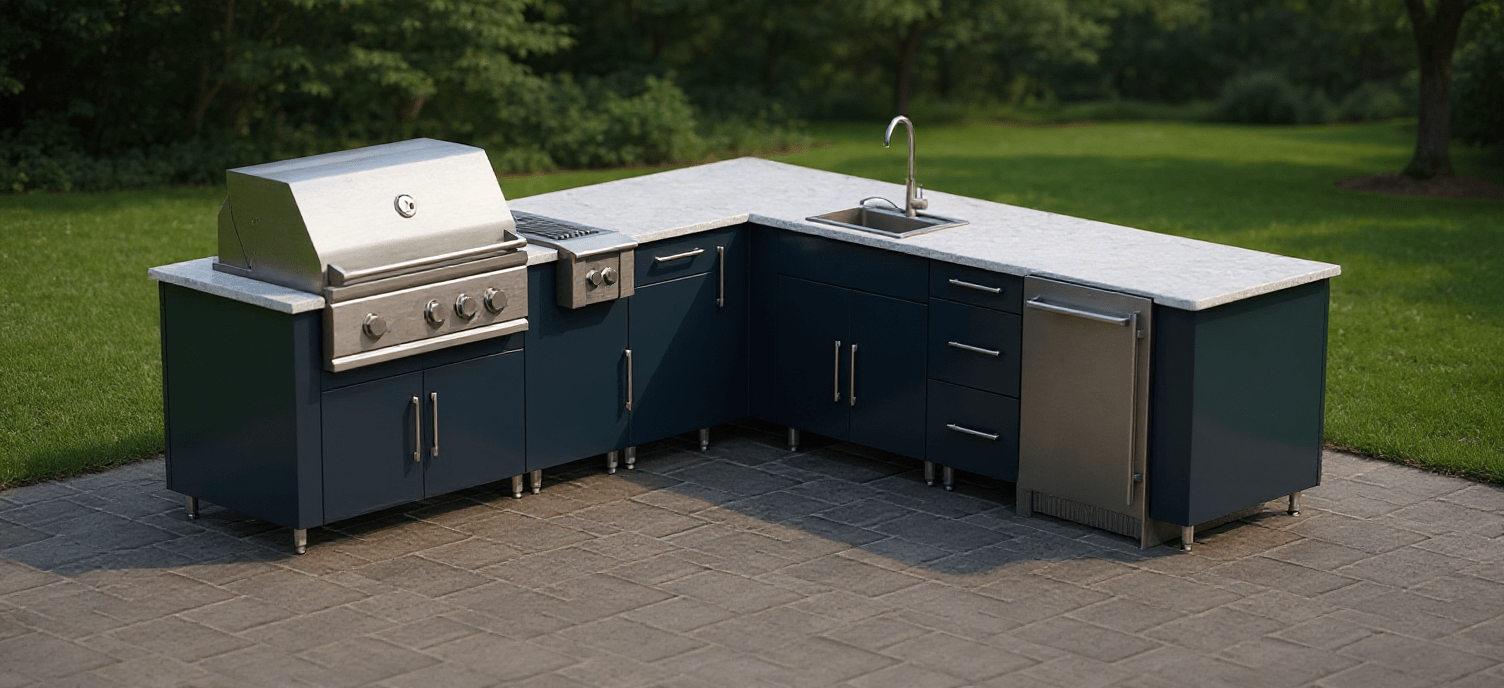 9ft.3in. x 9ft.1in. L - Shape WeatherStong Outdoor Kitchen Ready For Grill, Side Burner, Refrigerator, Sink, Trash, and 3 Drawer Cabinet - Sunzout Outdoor Spaces LLC