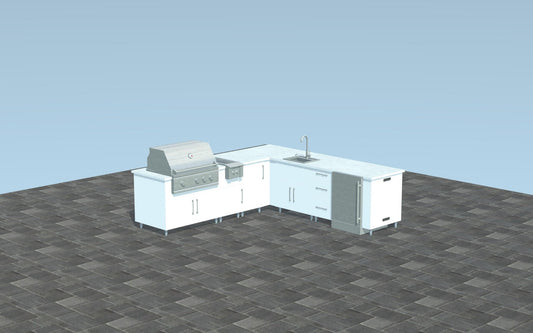 9ft.3in. x 9ft.1in. L - Shape WeatherStong Outdoor Kitchen Ready For Grill, Side Burner, Refrigerator, Sink, Trash, and 3 Drawer Cabinet - Sunzout Outdoor Spaces LLC