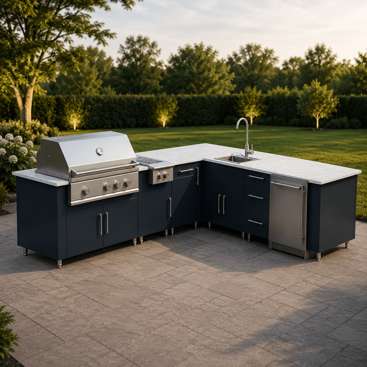 9ft.3in. x 9ft.1in. L - Shape WeatherStong Outdoor Kitchen Ready For Grill, Side Burner, Refrigerator, Sink, Trash, and 3 Drawer Cabinet - Sunzout Outdoor Spaces LLC