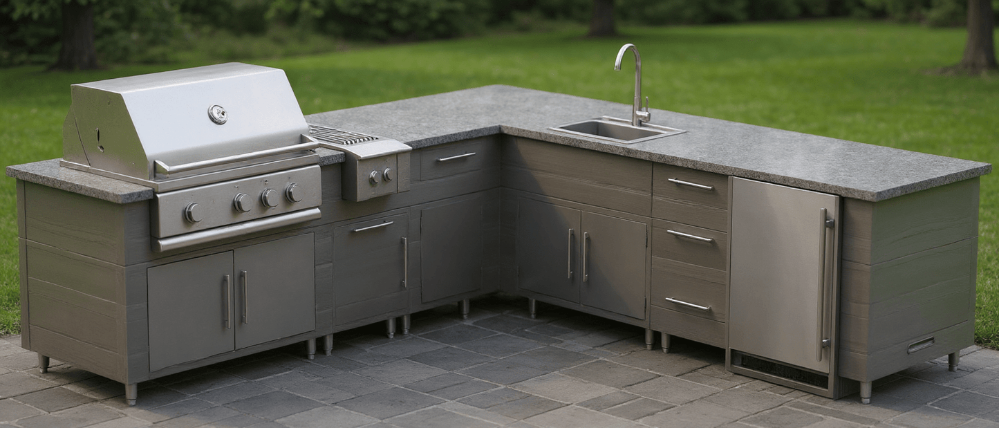 9ft.3in. x 9ft.1in. L - Shape WeatherStong Outdoor Kitchen Ready For Grill, Side Burner, Refrigerator, Sink, Trash, and 3 Drawer Cabinet - Sunzout Outdoor Spaces LLC