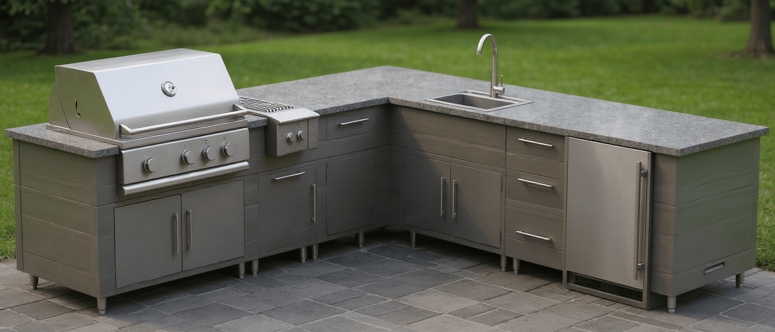 9ft.3in. x 9ft.1in. L - Shape WeatherStong Outdoor Kitchen Ready For Grill, Side Burner, Refrigerator, Sink, Trash, and 3 Drawer Cabinet - Sunzout Outdoor Spaces LLC