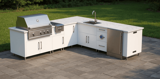 9ft.3in. x 9ft.1in. L - Shape WeatherStong Outdoor Kitchen Ready For Grill, Side Burner, Refrigerator, Sink, Trash, and 3 Drawer Cabinet - Sunzout Outdoor Spaces LLC