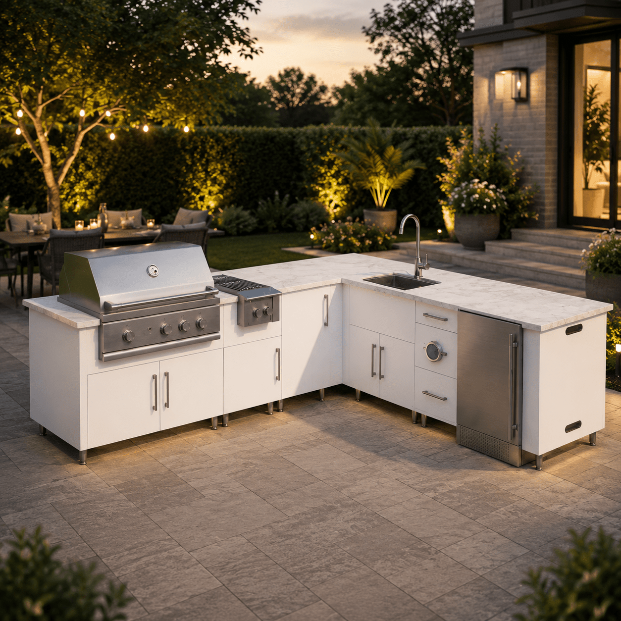 9ft.3in. x 9ft.1in. L - Shape WeatherStong Outdoor Kitchen Ready For Grill, Side Burner, Refrigerator, Sink, Trash, and 3 Drawer Cabinet - Sunzout Outdoor Spaces LLC