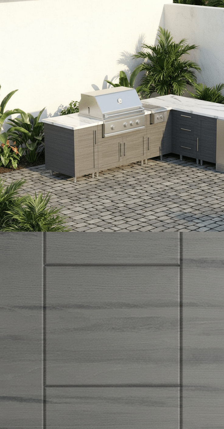 9ft.3in.x 8ft.3in. WeatherStrong L - Shaped Outdoor Kitchen Ready For Refrigerator, Grill and Side Burner - Sunzout Outdoor Spaces LLC