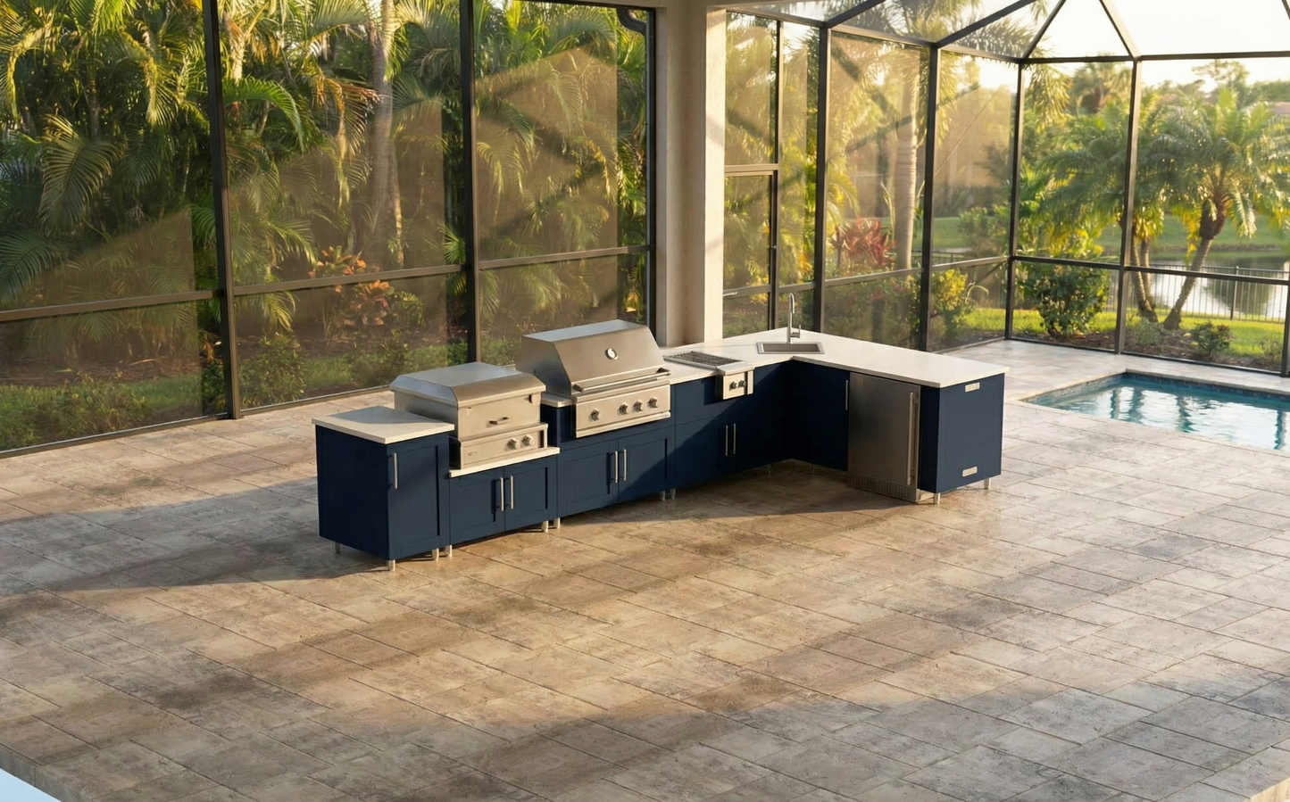 14ft.4in. x 6.9in. L-Shape WeatherStrong Outdoor Kitchen Island Ready For Grill, Side Burner, Refrigerator, Sink, Trash and Pizza Oven