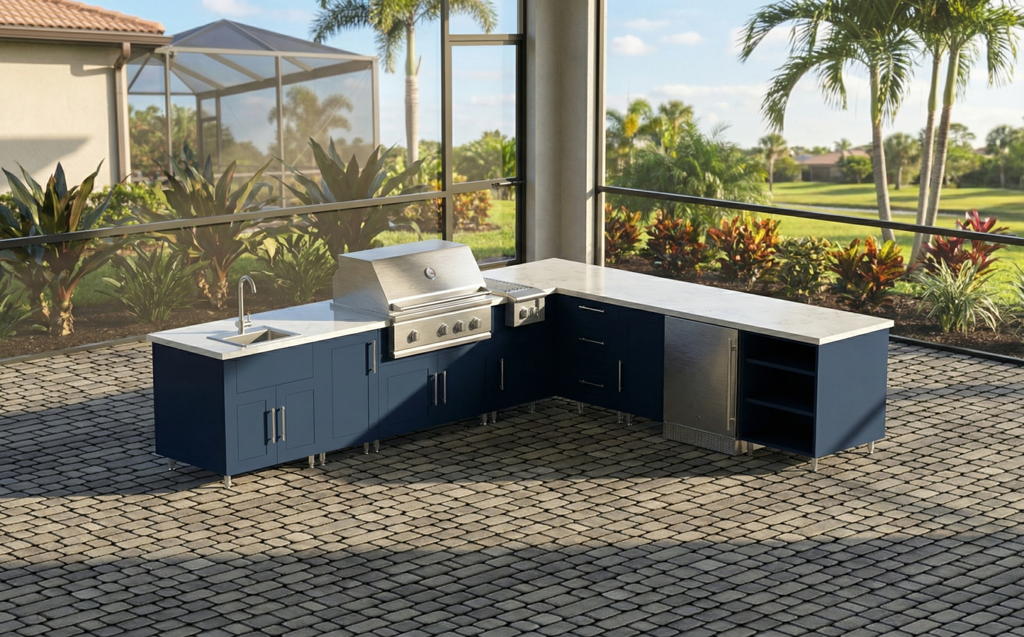 11ft.9in x 9ft.9in. WeatherStrong L-Shaped Outdoor Kitchen Island Ready For Sink, Grill, Side Burner and Refrigerator