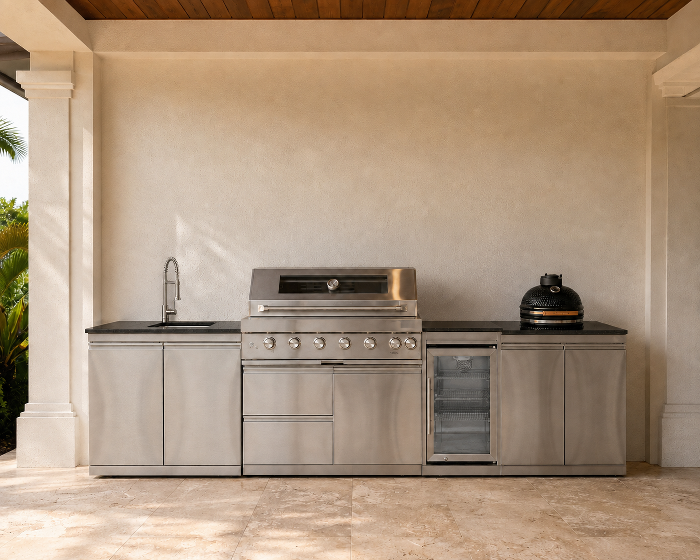 9.8-foot 304 stainless steel outdoor kitchen with grill, smoker, sink, refrigerator and Black Galaxy granite countertop