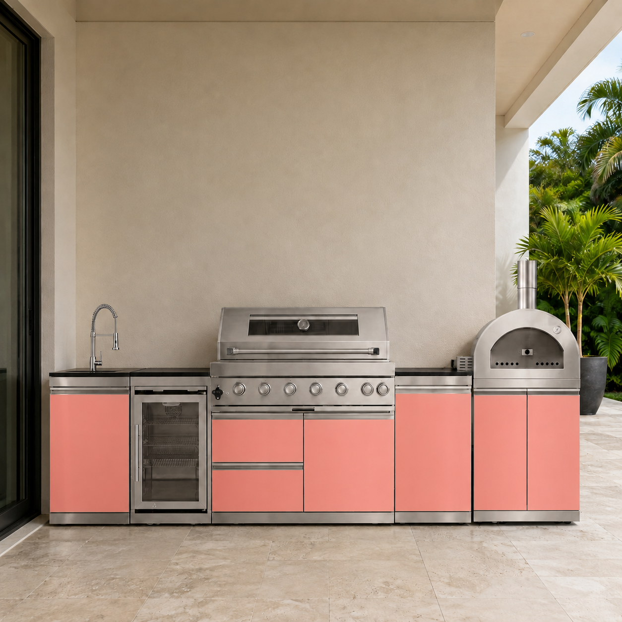127.5" Designer Series Stainless Steel Outdoor Kitchen with 43" Grill - Pizza Oven - Sink - Refrigerator - Cabinet