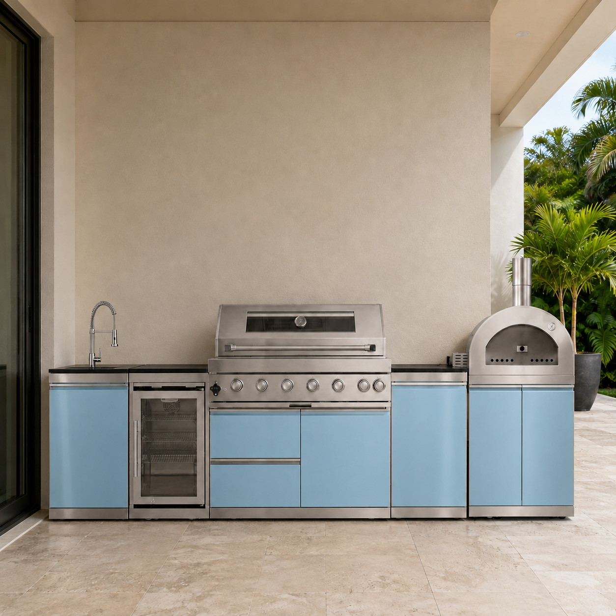 127.5" Designer Series Stainless Steel Outdoor Kitchen with 43" Grill - Pizza Oven - Sink - Refrigerator - Cabinet