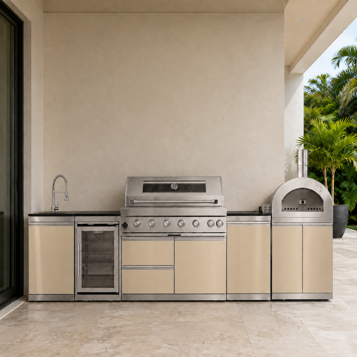 127.5" Designer Series Stainless Steel Outdoor Kitchen with 43" Grill - Pizza Oven - Sink - Refrigerator - Cabinet