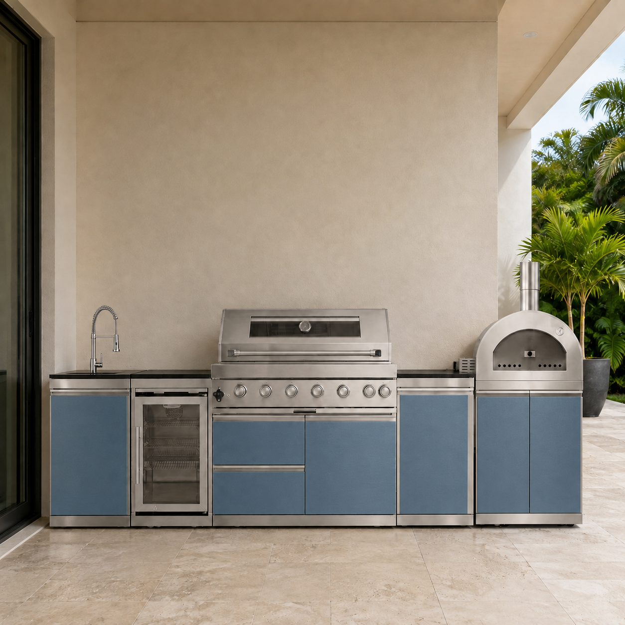 127.5" Designer Series Stainless Steel Outdoor Kitchen with 43" Grill - Pizza Oven - Sink - Refrigerator - Cabinet