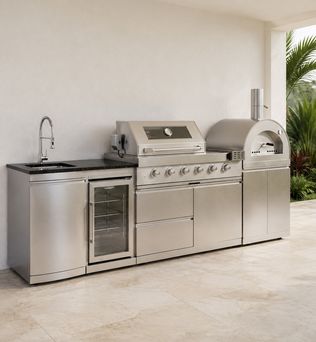111.5" Stainless Steel Outdoor Kitchen with Pizza Oven - Sink - Refrigerator - Grill and Side Burner