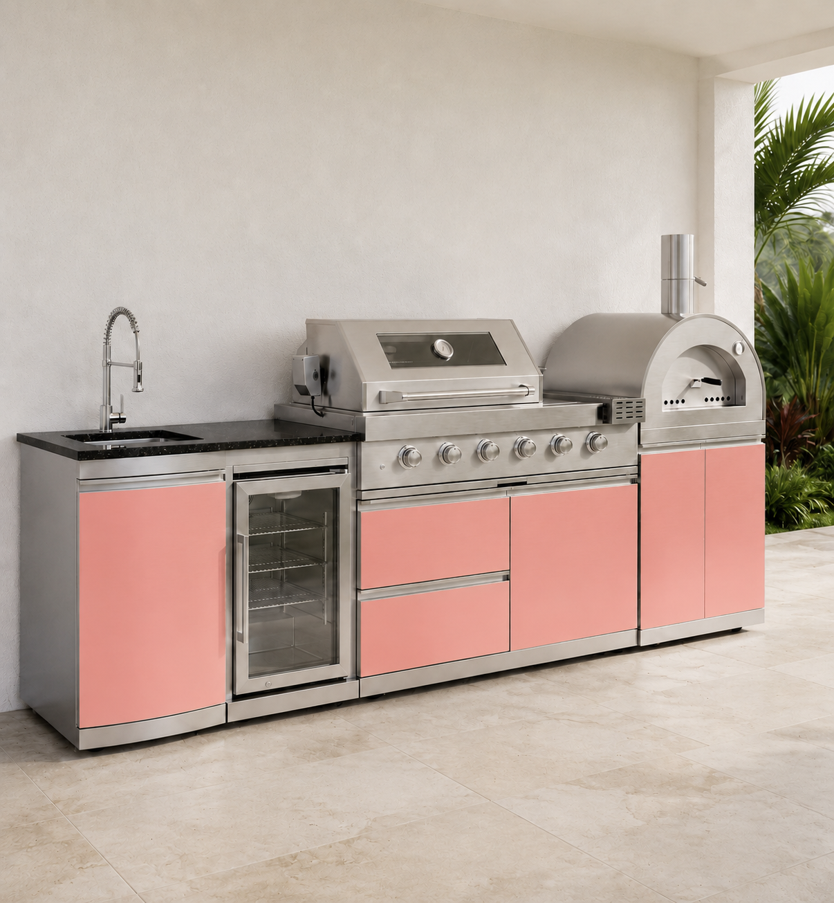 111.5" Designer Series Stainless Steel Outdoor Kitchen with Pizza Oven - Sink - Refrigerator - Grill and Side Burner