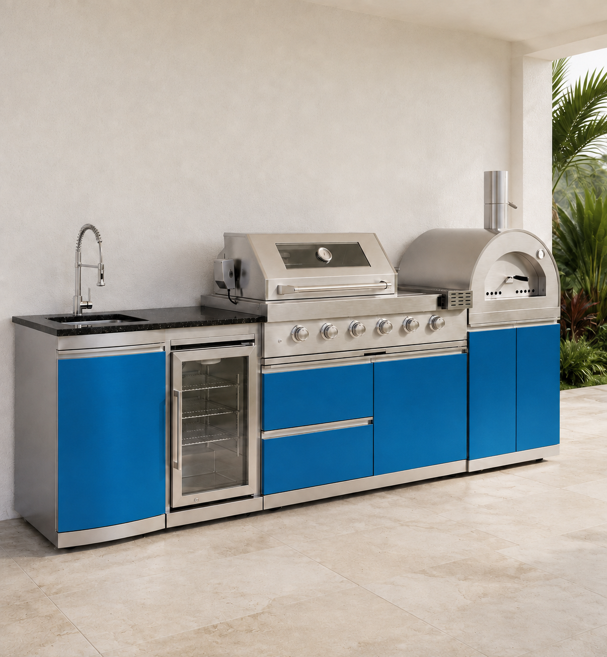111.5" Designer Series Stainless Steel Outdoor Kitchen with Pizza Oven - Sink - Refrigerator - Grill and Side Burner