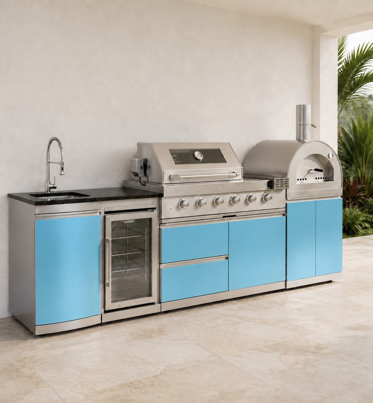 111.5" Designer Series Stainless Steel Outdoor Kitchen with Pizza Oven - Sink - Refrigerator - Grill and Side Burner