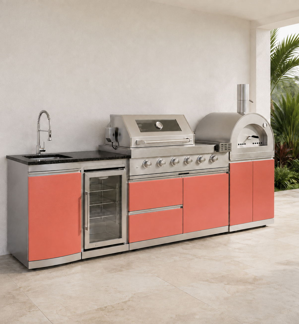 111.5" Designer Series Stainless Steel Outdoor Kitchen with Pizza Oven - Sink - Refrigerator - Grill and Side Burner