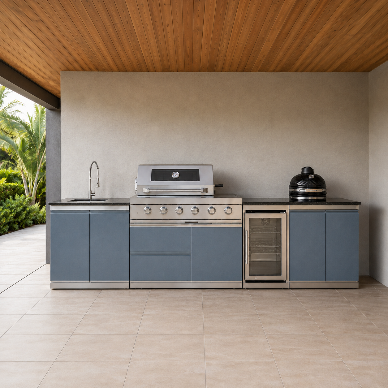 Designer Series 9.8-foot 304 stainless steel outdoor kitchen with custom powder-coated cabinets, grill, smoker, sink and refrigerator