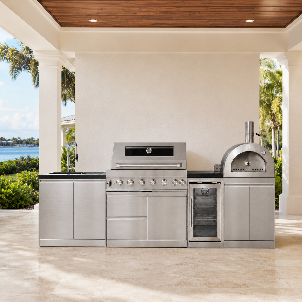 121" 304 Stainless Steel Outdoor Kitchen with 43" Grill - Refrigerator - Sink - Pizza Oven