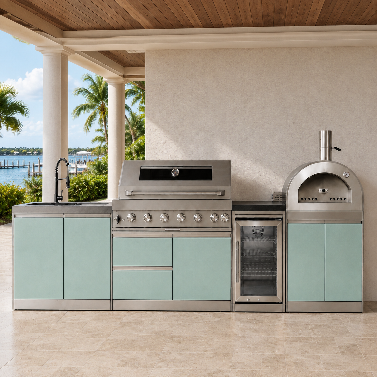 121" Designer Series Stainless Steel Outdoor Kitchen with 43" Grill - Refrigerator - Sink - Pizza Oven