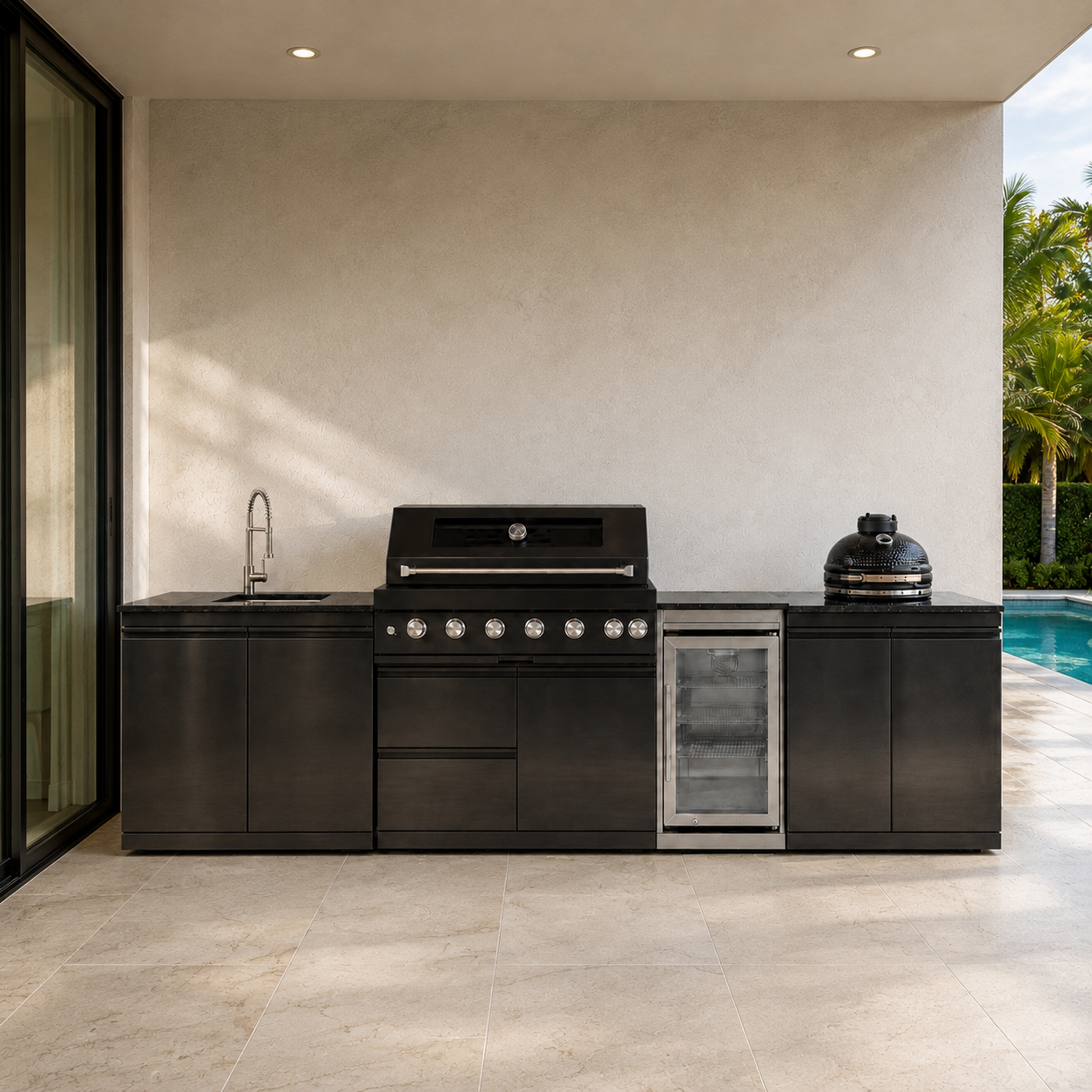 127.5" Black Stainless Steel Outdoor Kitchen with 43" Grill - Sink - Smoker - Refrigerator