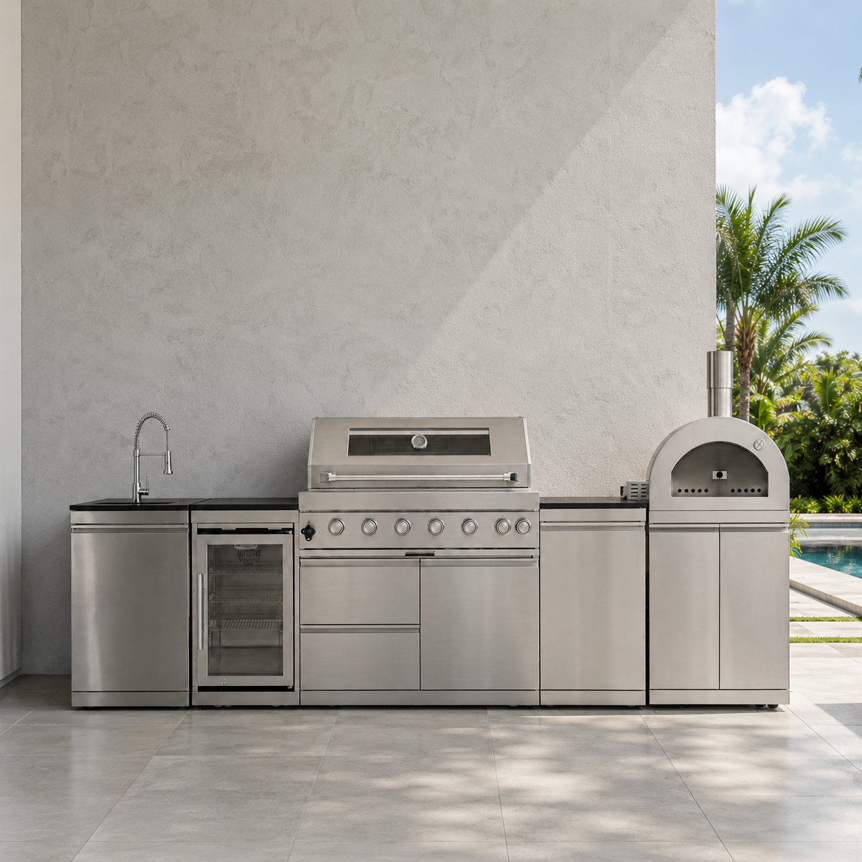 127.5" 304 Stainless Steel Outdoor Kitchen with 43" Grill - Pizza Oven - Sink - Refrigerator - Cabinet